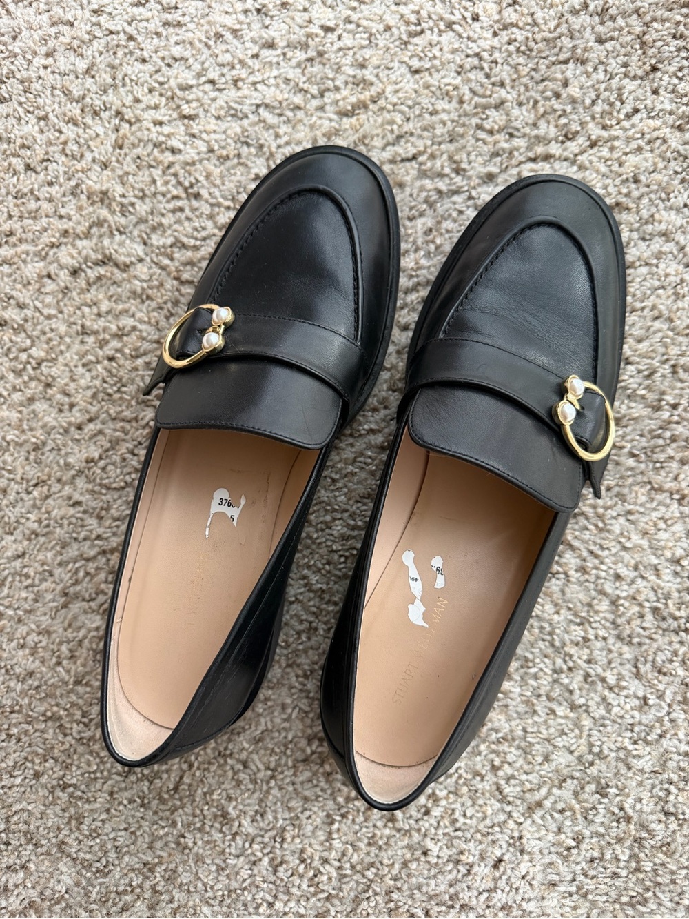 Stuart Weitzman Black Leather Loafers with Gold Accent